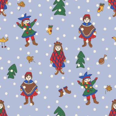 Geleneksel giysiler, kış ağaçları, böğürtlenler, eldivenler ve mavi karlı arka planda halk sembolleri olan renkli Sami insanlarıyla kusursuz bir düzen..