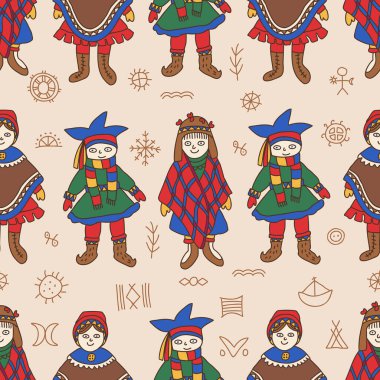 Renkli Sami insanlarıyla kusursuz desen. Geleneksel giysiler içinde halk sanatı sembolleri, kış motifleri ve bej arka planda kırsal etnik tarz tekstil, ambalaj ve mevsimsel tasarım..