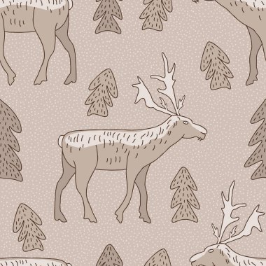 Bej arka planda yumuşak monokrom kış tarzında el yapımı ren geyikleri ve çam ağaçları, tekstil, ambalaj ve mevsimsel dekorasyon için kırsal ve doğal tasarım..