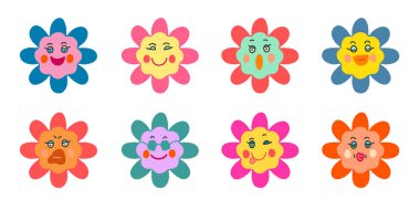 Yüzünde komik ifadeler olan minimalist çizgi film çiçekleri. Beyaz arkaplanda parlak harika papatya vektör simgeleri.