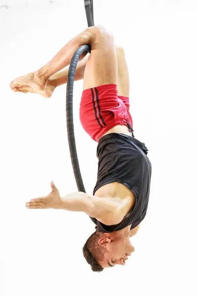 Mexican Man Gymnast Showcases Strength Flexibility Solo Performance Aerial Ring — Stock Photo, Image