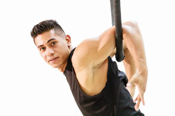 Mexican Man Gymnast Showcases Strength Flexibility Solo Performance Aerial Ring — Stock Photo, Image