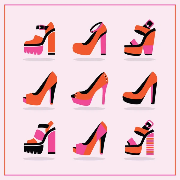 Red Pink Funky Modern Platform High Heels Summer Shoes Icons — Stock vektor