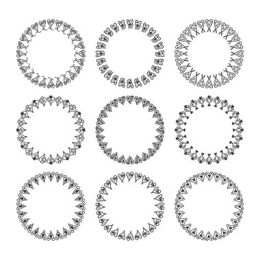 Black hand drawn different line hearts border frames emblems design elements set on white background
