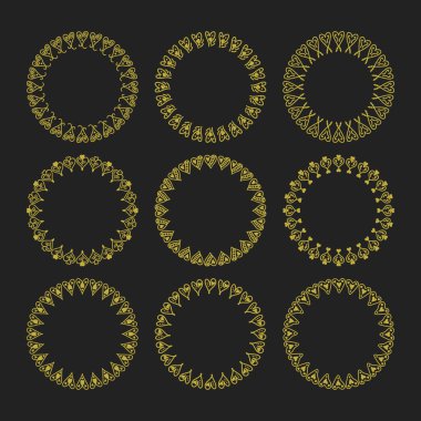 Golden hand drawn different line hearts border frames emblems design elements set on black background