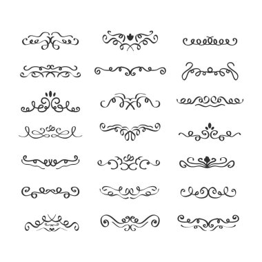 Assorted black line hand drawn swirl dividers design elements set on white background