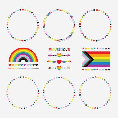 Creative colorful LGBTQ+ circle pattern emblems design element set with heart arrows, rainbow, hearts, stars and new flag icons on white background clipart