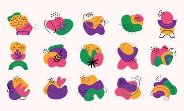 Soyut renkli rastgele ve düzensiz el çizimi taş şekilleri simgeler beyaz arkaplan üzerine tasarım elementleri ayarlayın