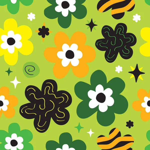 Colorful Fresh Retro Abstract Spring Daisies Art Pattern Green Background — Stock Vector