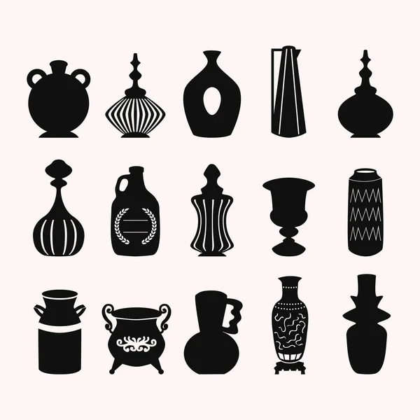 黒の盛り合わせシンプルなシルエットと詳細トレンディーな花瓶 ボウル ポット 瓶抽象的なアイコンデザイン要素は ライトベージュの背景に設定されています — ストックベクタ
