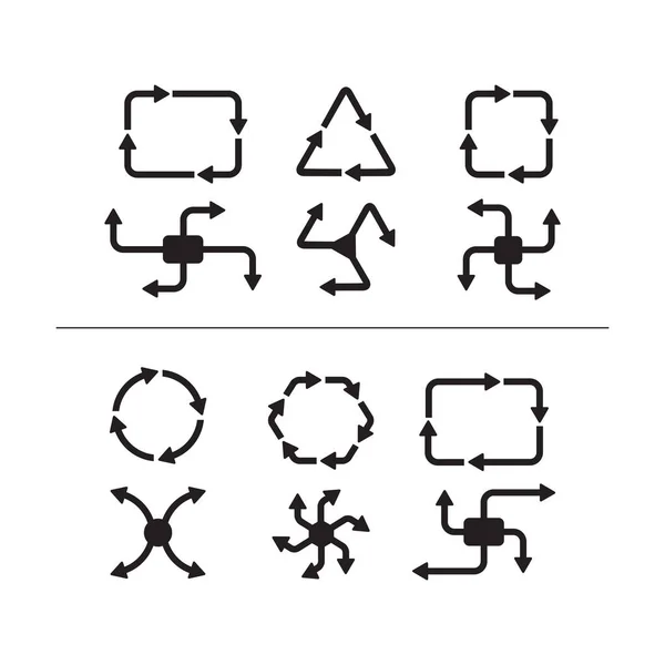 幾何学形で分離された抽象黒円の方向矢印アイコン白の背景にデザイン要素を設定 — ストックベクタ