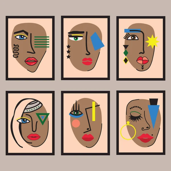 现代各种不同的女人 不同的晒黑的抽象的脸 在黑色矩形墙的艺术框架设置在沙质背景下 — 图库矢量图片