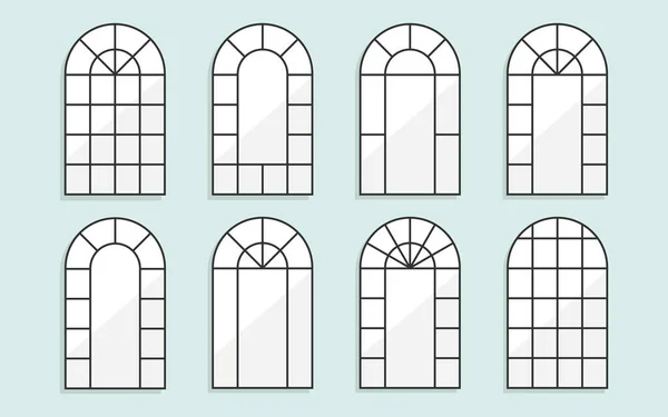 丸みを帯びたアーチ型の壁の鏡と窓の黒いフレーム青い背景に反射とドロップシャドウを持つ家の装飾オブジェクト — ストックベクタ