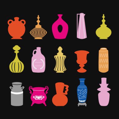 Değişken renkli vazolar, kaplar, kaplar, kaplar, tencere ve kavanozlar siyah arkaplan üzerine dizayn edilmiş simgeler.