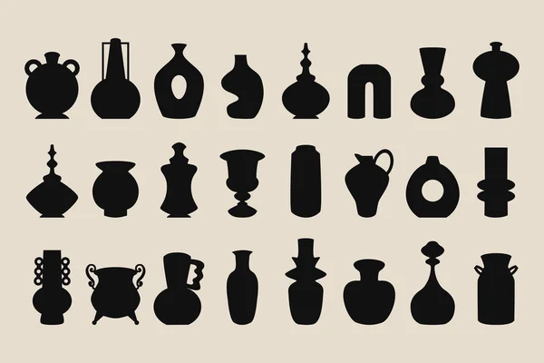 浅粉米色背景海报上的黑色墨水和轮廓隔离了装饰花瓶 壶和罐子图标设置了设计元素 — 图库矢量图片