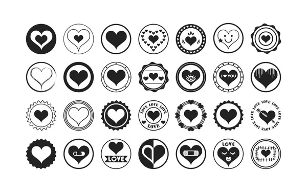 Silueta Negra Símbolos Forma Corazón Puntiagudo Lindo Aislado Círculo Surtido — Vector de stock