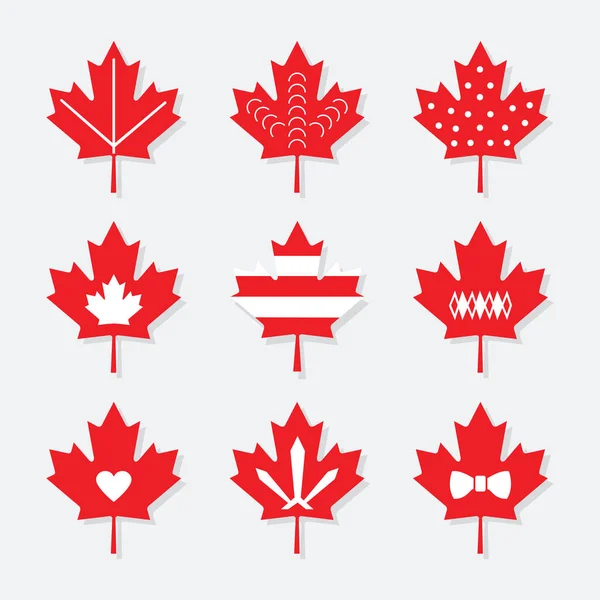 Cute Red Maple Leaf Icons Set Drop Shadow Different Patterns — Stock Vector