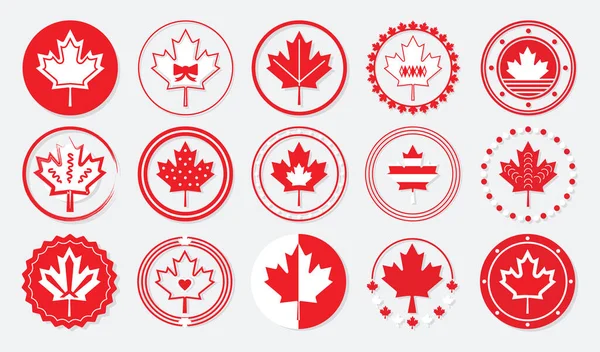 Red White Assorted Stylized Cute Canadian Maple Leaf Sign Circle — Stock Vector