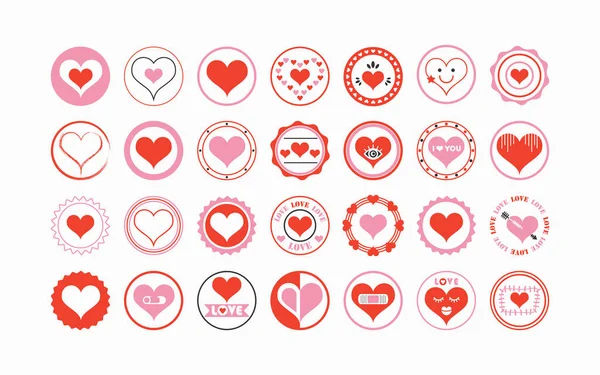 可爱的红色和粉红色的孤立尖心形符号圆圆的各种各样的徽章邮票图标设置的设计元素白色背景 — 图库矢量图片