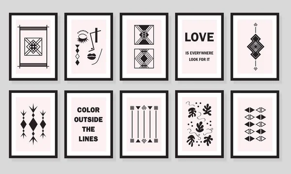 Muestras Símbolos Retro Blanco Negro Creativos Abstractos Marcos Arte Pared — Archivo Imágenes Vectoriales