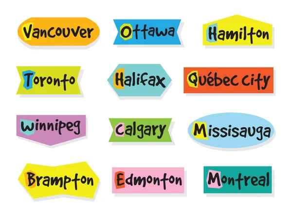 Färgglada Söta Kanada Stora Städer Namn Etiketter Och Klistermärken Som — Stock vektor