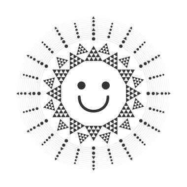 Black cute cartoon detail triangle style sun emoji icon with smiling face and rays on white background clipart