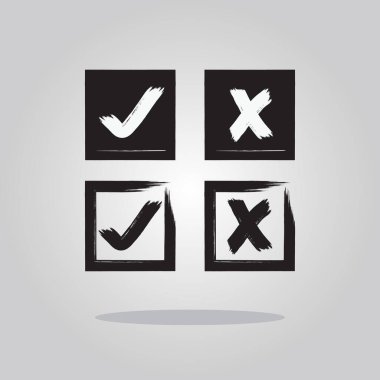 Siyah izole edilmiş mürekkep fırçası biçimi kontrol işareti ve çapraz X işareti kare simgeleri gri gradyan arkaplan üzerine tasarım ögesi belirleyin