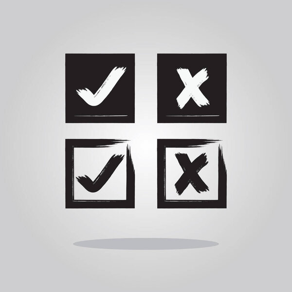 Черно-изолированный стиль кисти чернил отметка и пересекаются иконки квадратные квадратные квадратные квадраты установить элемент дизайна на сером градиентном фоне