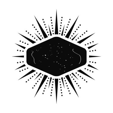 Siyah mürekkep izole edilmiş güneş patlaması altıgen şekilli boş pankart. Beyaz arkaplanda doku simgesi ve tasarım ögesi var.