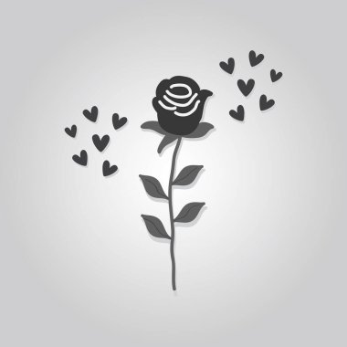 Gri gradyan arkaplanda yaprakları ve kalpleri parıldayan sevimli soyut yalıtılmış dikey gül dalı