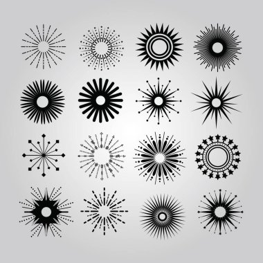 Yaratıcı siyah yuvarlak modayı soyutlayan farklı şekiller güneş ışınları simgeleri tasarım elementleri gri gradyan arkaplan üzerinde şablon