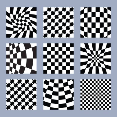 Black and white abstract checkered, effected and distorted creative and trendy funky background pattern set design elements on blue background clipart