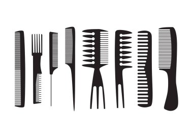 Black silhouette isolated ink assorted barber professional hair styling comb icons complete set on white background clipart