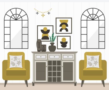 Trendy brown and golden living room interior with windows, wine rack cabinet, armchairs, cushions, wall art frames, plant pot and abstract decoration faces design elements posters clipart