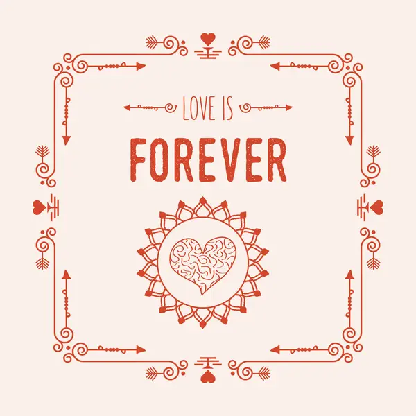 Kırmızı girdaplı sanat deco kare çerçeve desenli kart üzerinde aşk sonsuza dek ve kalp çemberi simgesi pembe