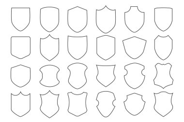 Siyah izole edilmiş boş kalkanlar beyaz arkaplandaki simge tasarım elementini şekillendirir