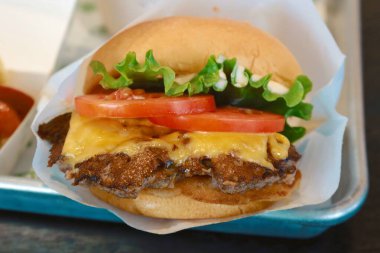 Lezzetli peynirli burgeri çörekle kapat.