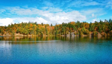 Pembe Göl, Gatineau, Quebec, Kanada Sonbahar sezonu boyunca renkli ağaçlarla