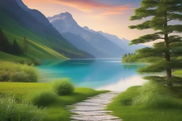 Yeşil çayırlar, dağlar ve bir nehir manzarası