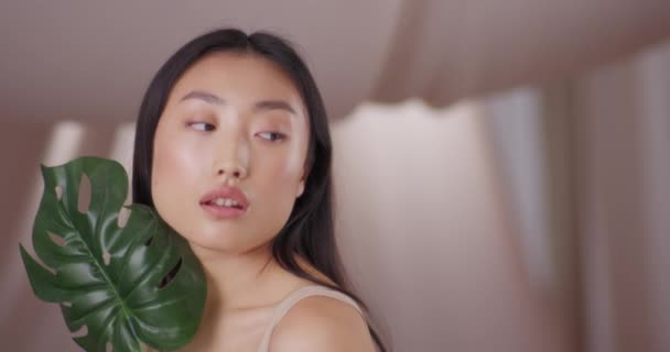 Zbliżenie Młoda Piękna Azjatycka Kobieta Pozowanie Trzymając Liść Całkiem Oszałamiająca — Wideo stockowe