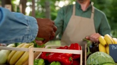 Beyaz adam marketteki tezgahta erkek alıcıya el ele tutuşup yeşil lahana veriyor. Adam çiftçi organik sebze satıyor. Ve meyveler tezgahta Mutlu son sınıf erkek müşteri memnun ve mutlu