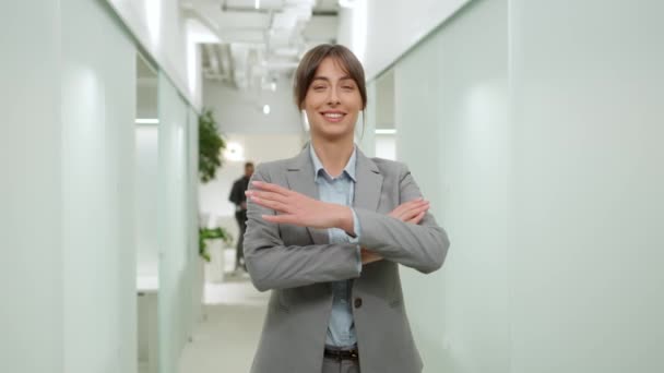 Portrait Professional Successful Female Worker Company Standing Office Looking Camera — Video