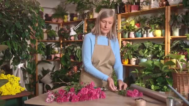 成熟的高加索美女花匠用粉红色的花剪枝做花束 在花店工作 头戴围裙照看植物并销售的有吸引力的积极老年女性 — 图库视频影像