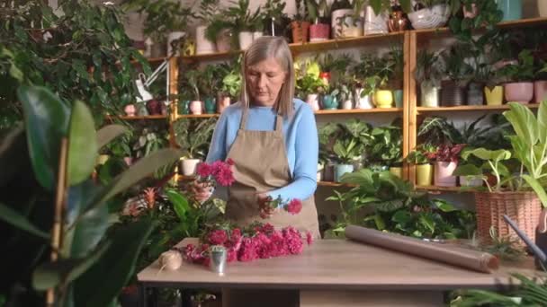 在花店的柜台上 年长的专业女花匠聚精会神地制作一束美丽的花朵 迷人的成熟的灰发女人与植物和花卉打交道 植物概念 — 图库视频影像