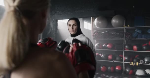 Vackra Honor Som Tränar Slag Gymmet Tillsammans Attraktiv Vit Kvinna — Stockvideo