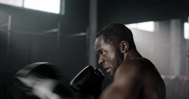 有魅力的非洲裔美国人 没有T恤 精力充沛的拳击袋 带着体育体能训练盒的拳击手 在黑暗的体育馆里 健美者的概念 — 图库视频影像