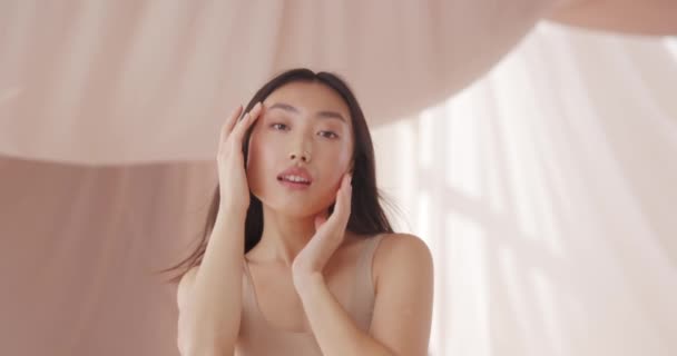 Primer Plano Chica Feliz Asiática Con Una Piel Fresca Agradable — Vídeos de Stock