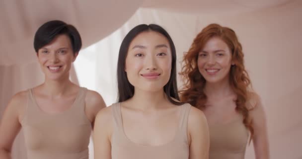 Atractivas Hembras Mestizas Sonriendo Delante Cámara Hermosa Modelo Asiática Pie — Vídeo de stock