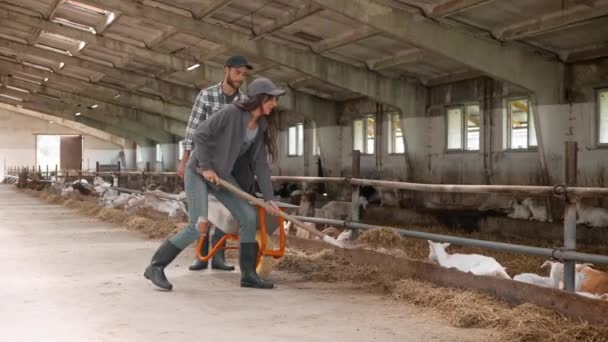 Cute Caucasian Farmers Working Together Farm Pretty Woman Shovel Raking — Stock Video