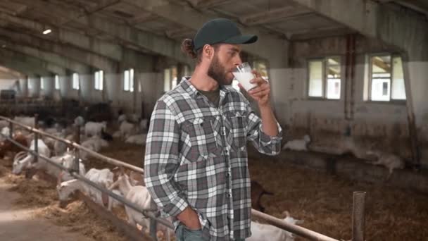 Atractivo Hombre Sosteniendo Vaso Con Leche Fresca Bebiendo Producto Natural — Vídeos de Stock